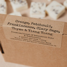 Load image into Gallery viewer, • Meditate •&lt;br&gt;Orange,  Patchouli, Frankincense, Clary Sage, Thyme &amp; Ylang Ylang&lt;br&gt;9 naturally scented wax melts
